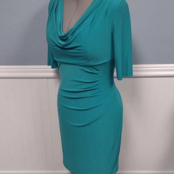 Lauren Ralph Lauren Asymmetrical Ruched Cowl Neck Dress in Blue Green - Picture 4 of 15